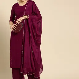 Anouk Women Magenta Embroidered Regular Chikankari Kurta with Palazzos & With Dupatta-picture-29