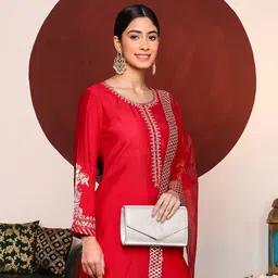 Varanga Ethnic Motifs Embroidered Zari Kurta with Trousers & Dupatta-image-69