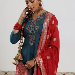 Libas Teal Blue and Red Floral Yoke Design Straight Kurta with Trouser & Dupatta-picture-2