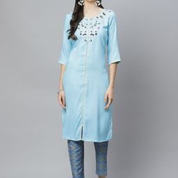 AURELIA Women Blue & Golden Ethnic Motifs Embroidered Kurta & Ethnic Motifs Print Trousers-image-71