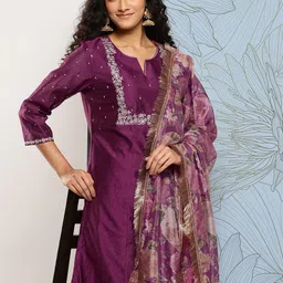 Varanga Yoke Design Regular Chanderi Silk Kurta with Trousers & With Dupatta-image-45