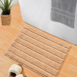 Hammer Home Beige Striped Set Of 2 Solid Microfibre 350 GSM Anti-Slip Bath Rugs-32