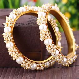 Sukkhi Set Of 2 Gold-Plated & Off-White Pearl Beaded Antique Bangles-31