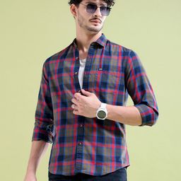 The Indian Garage Co Men Navy Blue  Maroon Slim Fit Checked Shirt-image-24