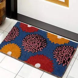 HOKIPO Navy Blue & Yellow Floral Printed Rectangular Coconut Coir Anti-Skid Doormat-37