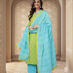 AHIKA Women Lime Green Printed Kurta with Palazzos & Dupatta-image-34