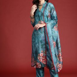 Indo Era Printed Sequinned Chanderi Silk Kurta With Trousers & Dupatta-image-64