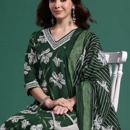 Indo Era Floral Printed Regular Pure Cotton Kurta with Trousers & Dupatta-18