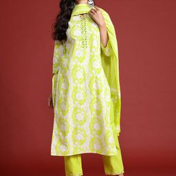 Indo Era Floral Printed Thread Work Pure Cotton Kurta With Trousers & Dupatta-image-50