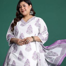 Indo Era Plus Size Floral Printed Sequinned Pure Cotton Kurta with Trousers & With Dupatta-14