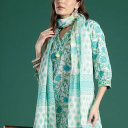 Indo Era Women Floral Printed Mirror Work Pure Cotton Kurta with Trousers & Dupatta-picture-44