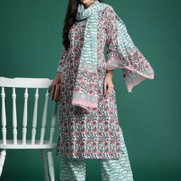 Indo Era Floral Printed Pure Cotton Kurta with Trousers & With Dupatta-picture-13