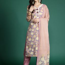Indo Era Women Floral Printed Thread Work Pure Cotton Kurta With Trousers & Dupatta-image-64