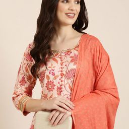 SHOWOFF Floral Printed Fit & Flare Ethnic Dress With Dupatta-picture-13