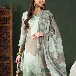 KALINI Floral Printed Mirror Work V-Neck Straight Kurta With Trousers & Dupatta-picture-25