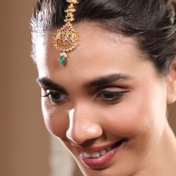 Rubans 24K Gold-Plated Bridal Maang Tikka with Ruby, Emerald, and Pearl Detailing-image-7