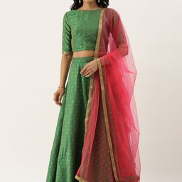 Ethnovog Green  Red Woven Design Made to Measure Lehenga  Blouse with Dupatta-image-62