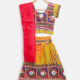 BownBee Girls Mustard Yellow & Red Embroidered Ready to Wear Chaniya Choli-33