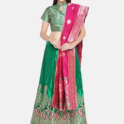 flaher Green & Gold-Toned Woven Design Semi-Stitched Lehenga & Unstitched Blouse with Dupatta-image-46