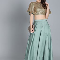 Ethnovog Teal Green  Gold-Toned Made to Measure Embellished Lehenga with Blouse-image-30