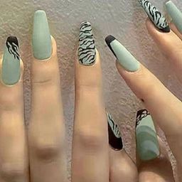 Secret Lives 24 Pcs Long Matte Ceramic Design False Nails - Black & Green-15