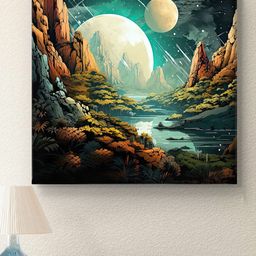 Myntra Elegant Homes Off White & Green Mountain Moon Printed Canvas Wall Art-image-81
