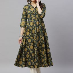 MIRAVAN Women Teal Green & Olive Green Ethnic Motifs Printed Cotton Anarkali Kurta-picture-13