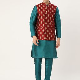 SOJANYA Men Teal Green & Maroon Solid Kurta with Churidar & Nehru Jacket-picture-20