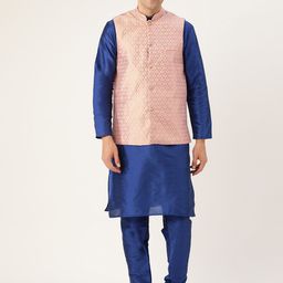 SOJANYA Men Blue & Pink Solid Kurta with Churidar & Nehru Jacket-12