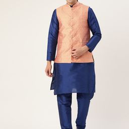 SOJANYA Men Blue & Peach-Coloured Solid Kurta with Churidar & Nehru Jacket-8