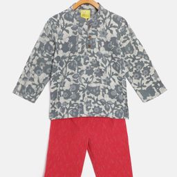 Tiny Bunnies Kids Grey & Maroon Printed Pure Cotton Short Kurta with Trousers-picture-51