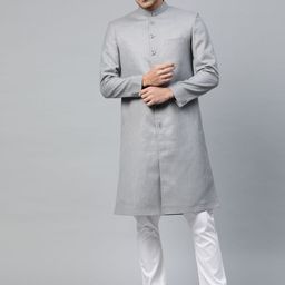 Luxrio Men Grey & White Solid Slim Fit Sherwani with Pyjamas-picture-20