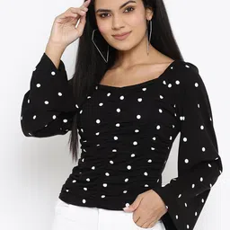 THREAD MUSTER Women Black Polka Dots Printed Cotton Regular Top-picture-10