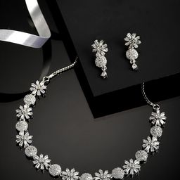 ZENEME Silver-Toned & White American Diamond Studded Rhodium-Plated Jewellery Set-picture-4