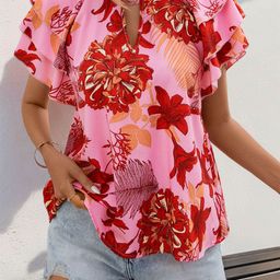 DressBerry Floral Print Keyhole Neck Flutter Sleeve Ruffled Top-picture-20