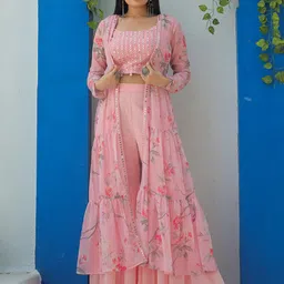 TextileNow Embroidered Mirror Work Top With Sharara & Shrug-12