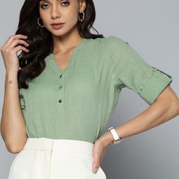 Chemistry Green Mandarin Collar Pure Cotton Roll-Up Sleeves Top-image-23