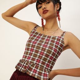 Veni Vidi Vici Elegant Brown and Red Ruffled Checked Tank Crop Top-image-59