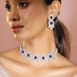 Rubans Rhodium-Plated Blue Sapphire & Cubic Zirconia Studded Choker Jewellery Set-picture-22