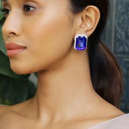 Rubans Rhodium-Plated Blue Sapphire & Cubic Zirconia Studded Statement Studs Earrings-14