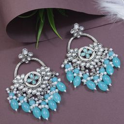 I Jewels Silver-Plated Contemporary Oxidised Kundan Studded & Pearls Chandbalis-56