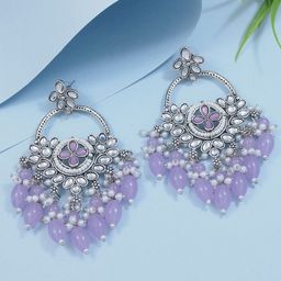 I Jewels Silver-Plated Contemporary Oxidised Kundan Studded & Pearls Chandbalis-35