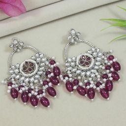 I Jewels Silver-Plated Contemporary Oxidised Kundan Studded & Pearls Chandbalis-image-94