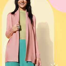 SASSAFRAS Women Pink Ribbed Shawl Collar Front Open Sweater-5