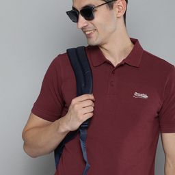 HERE&NOW Men Burgundy Solid Polo Collar Pure Cotton T-shirt-picture-17