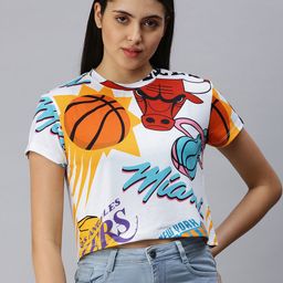 NBA Women White & Mustard Yellow Logo Mash Printed Cotton Crop T-shirt-image-11