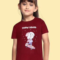 BRATMA Kids Maroon & White Snow Board Printed Cotton T-shirt-image-17