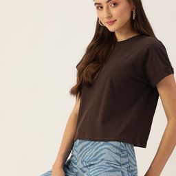 DressBerry Women Brown Extended Sleeves Pure Cotton T-shirt-image-60