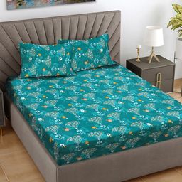 FABINALIV Turquoise Blue & Yellow Floral Printed 300 TC King Bedsheet With 2 Pillow Covers-image-5