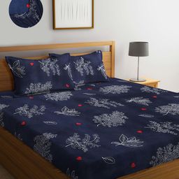 Myntra Elegant Homes Blue & White Printed Fitted 300 TC King Bedsheet Set 2.70m x 2.70m-image-94